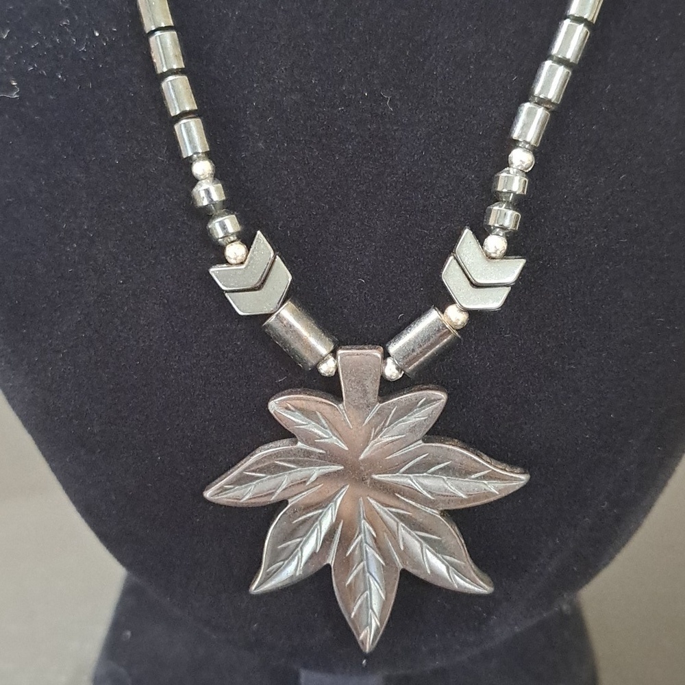 Hematite Weed Pot Leaf Necklace with Barrel Closure